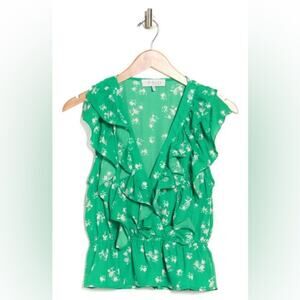 WAYF RUFFLE NECK PEPLUM TOP IN GREEN DITSY (b29.1)